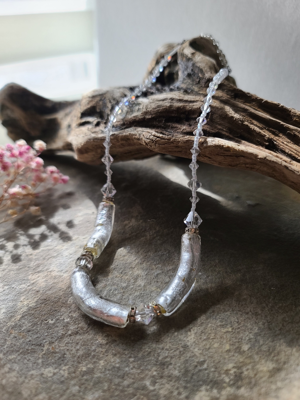 Vintage Italian Murano Glass Silver & Gold Foil Heavy Tube Statement Necklace